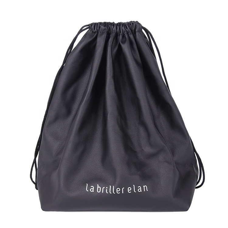 Wholesale PU Leather Drawstring Bag With Logo Waterproof Promotional Custom Black PU Drawstring Bag with Silk-screen Logo